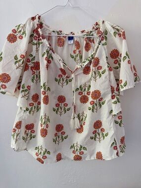 Old Navy White Peasant Top with Orange and Pink Floral Print